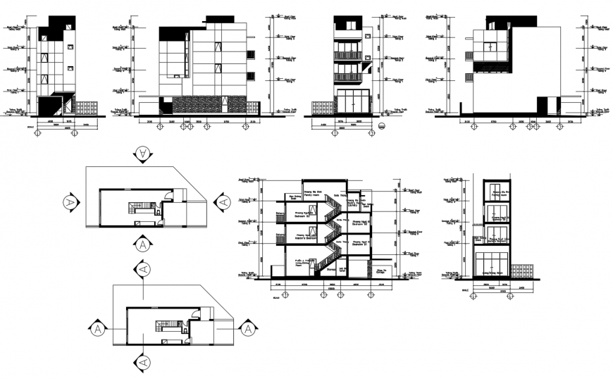 Multi-level residential flats elevation and section drawing details dwg file