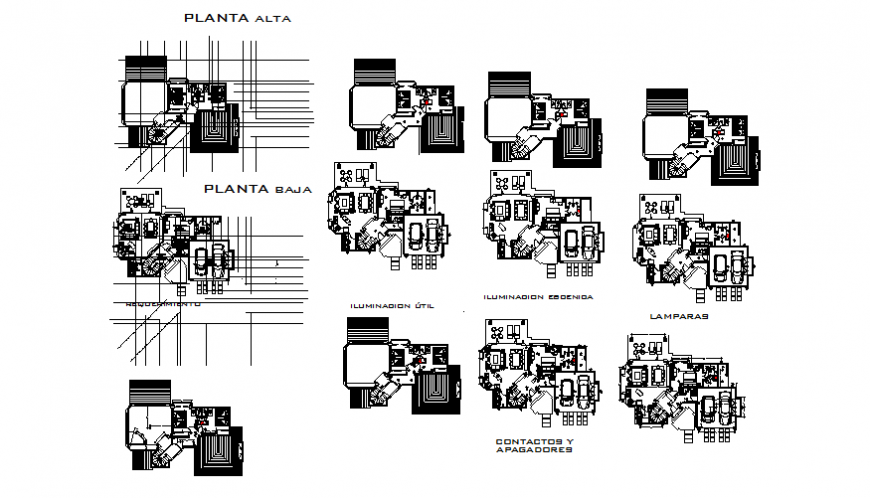 Multi-level residential house ground, first etc floor plan and auto-cad details dwg file