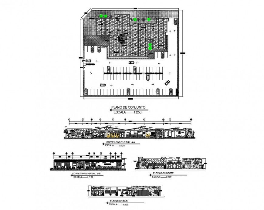 Multi-level restaurant all sided elevation, section and plan details dwg file