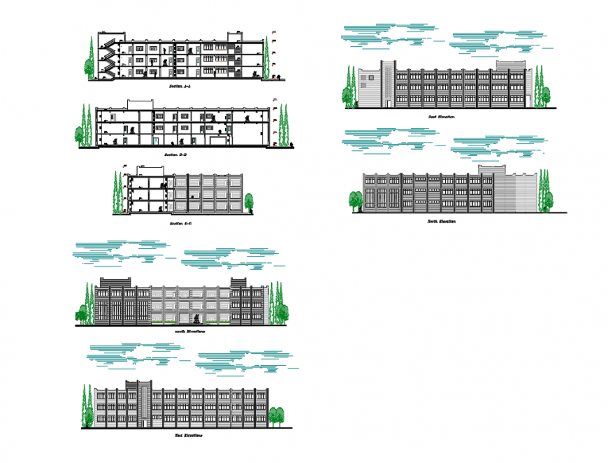 Multi-level school building all sided elevation and sectional details dwg file