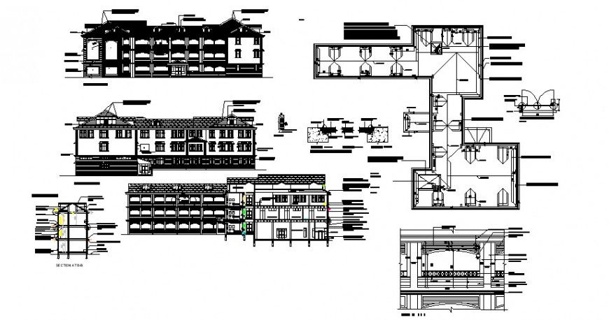 Multi-level school building elevation, section, floor plan and structure details dwg file