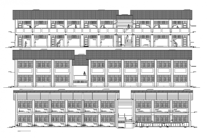 Multi-level school building elevation and section cad drawing details dwg file