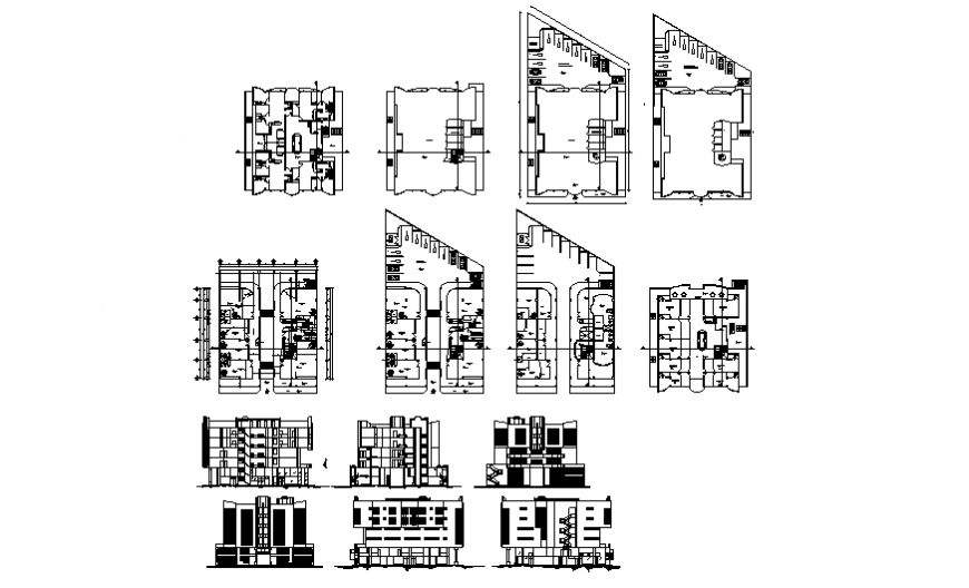 Multi-level shopping mall building elevation, section and floor plan details dwg file