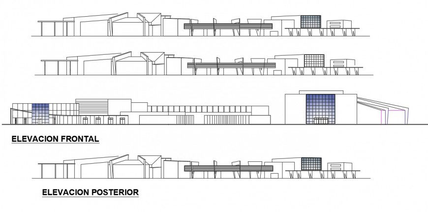 Multi-level technology center all sided elevation cad drawing details dwg file