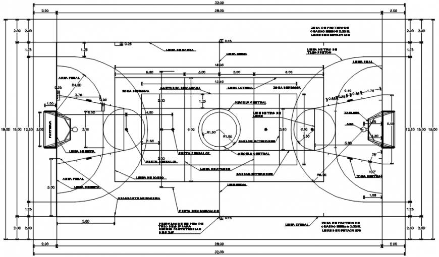 Multi-purpose sports court plan and landscaping structure details dwg file