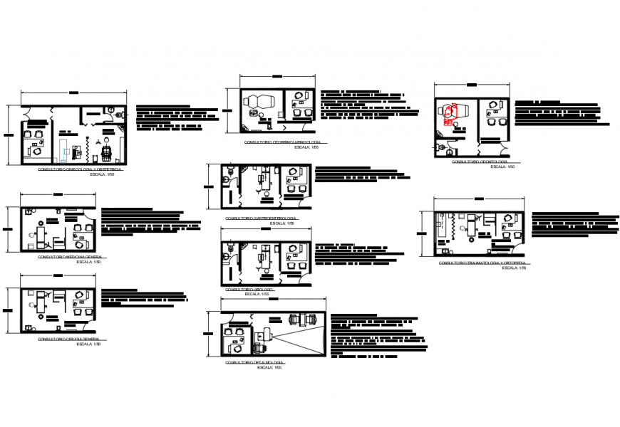 Multi-specialist hospital departments plan details with interior dwg file