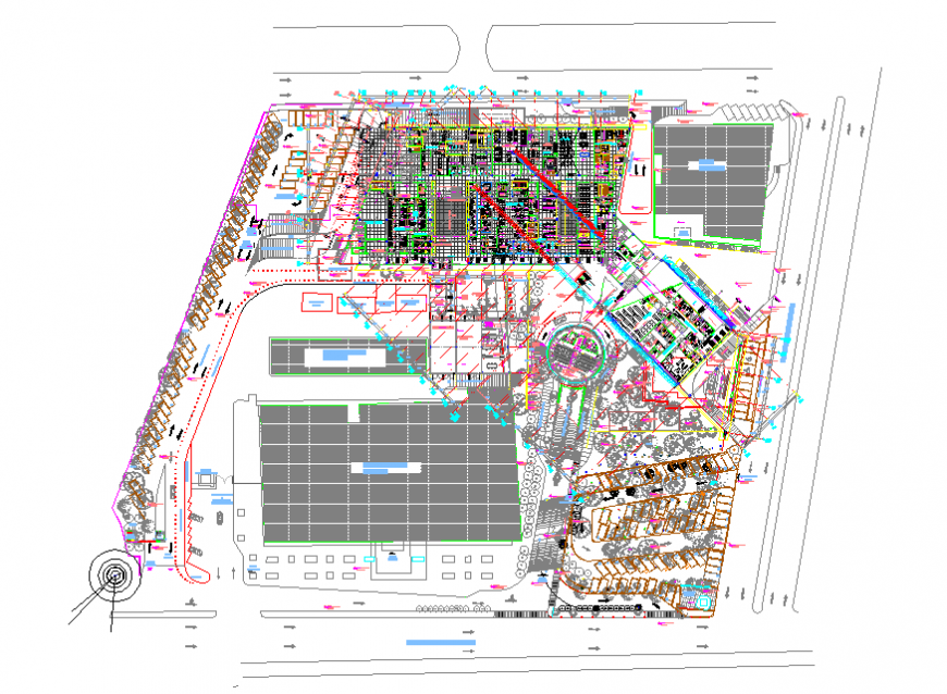 Multi-specialist hospital layout plan and landscaping structure details dwg file