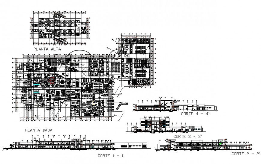Multi-specialist hospital with academic all sided elevation, section and floor plan details dwg file