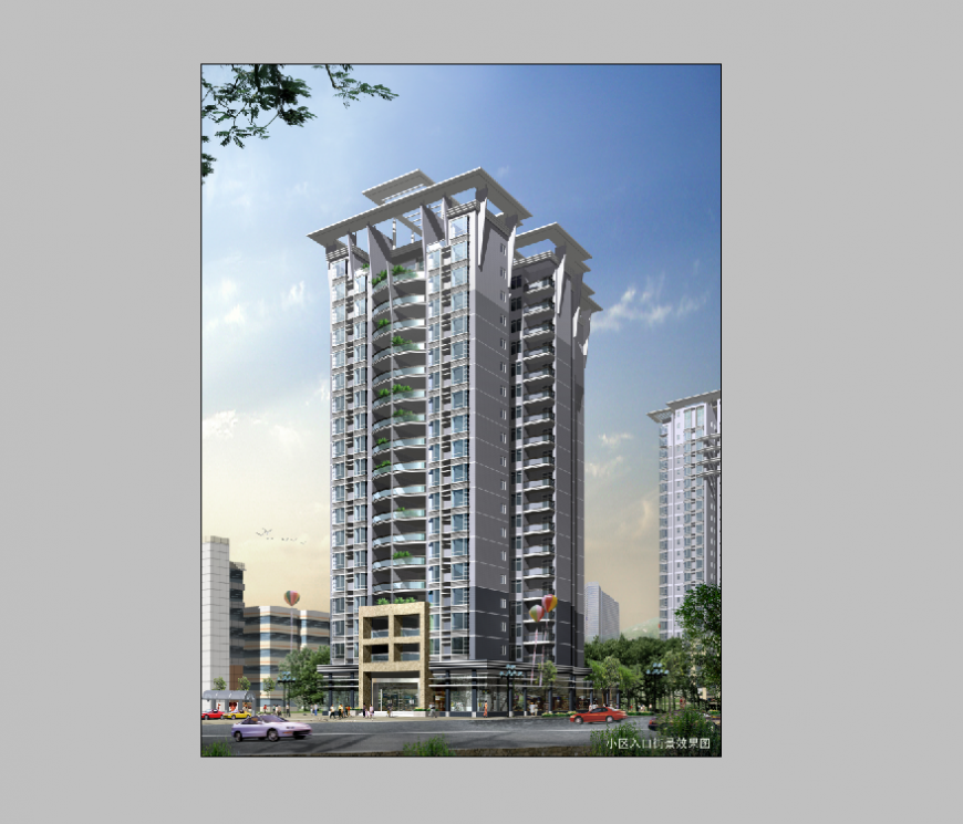 Multi-storey business building 3d model detail elevation Photoshop file