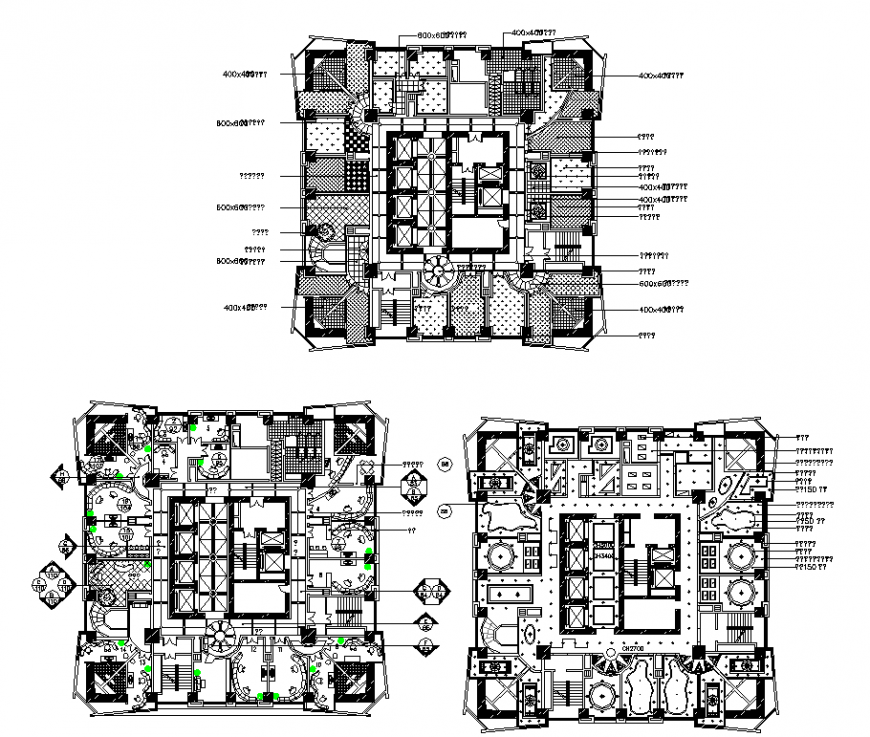 Multi-story commercial building detail 2d view elevation and plan layout dwg file