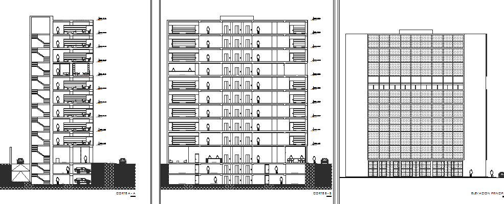 multi-story administration building elevation and sectional details dwg file