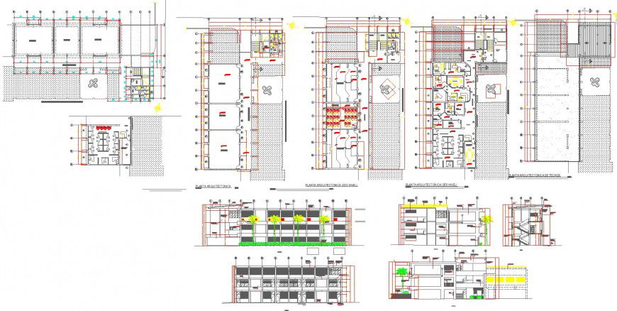 Multi-story administration building elevation, section, floor plan and auto-cad drawing details dwg file