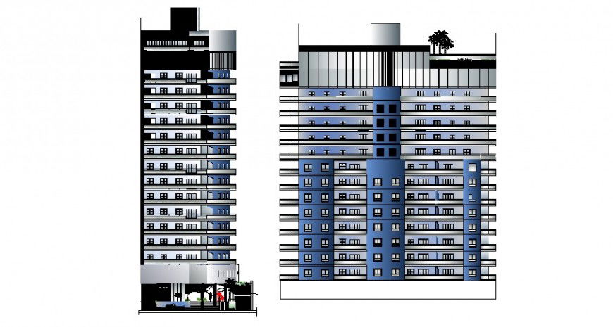 Multi-story and multi-family residential building front and side elevation cad drawing details dwg file