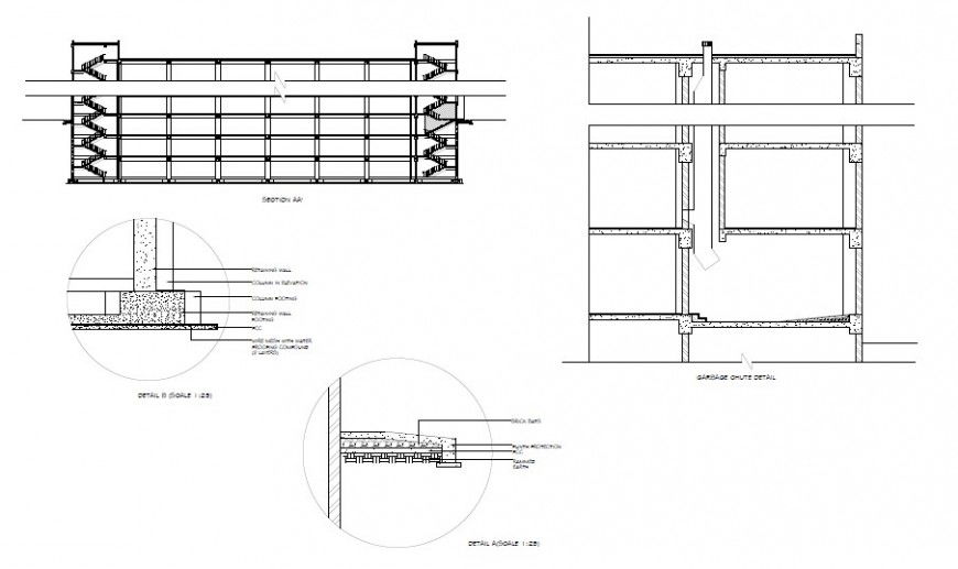 Multi-story apartment building constructive section and auto-cad details dwg file