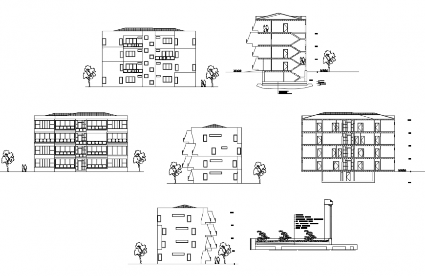 Multi-story apartment building elevation and section and cad drawing details dwg file