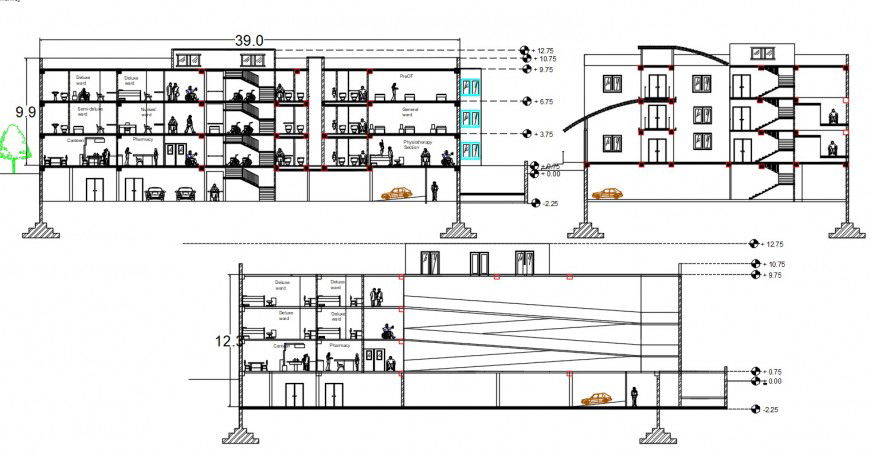 Multi-story apartment building front, back and side section drawing details dwg file
