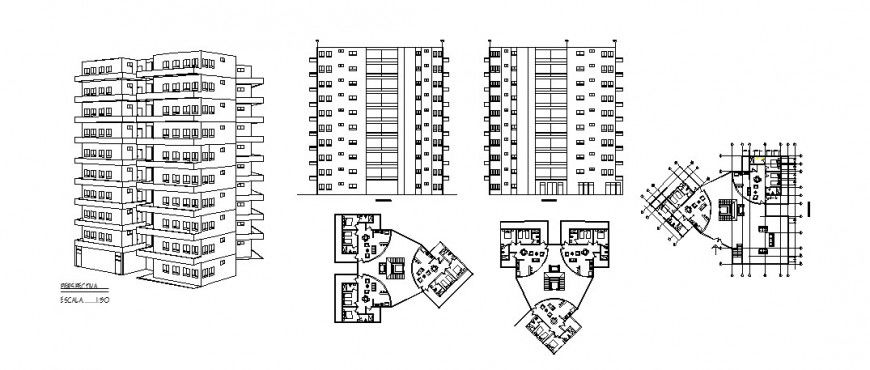 Multi-story apartment building isometric elevation, elevation and floor plan cad drawing details dwg file
