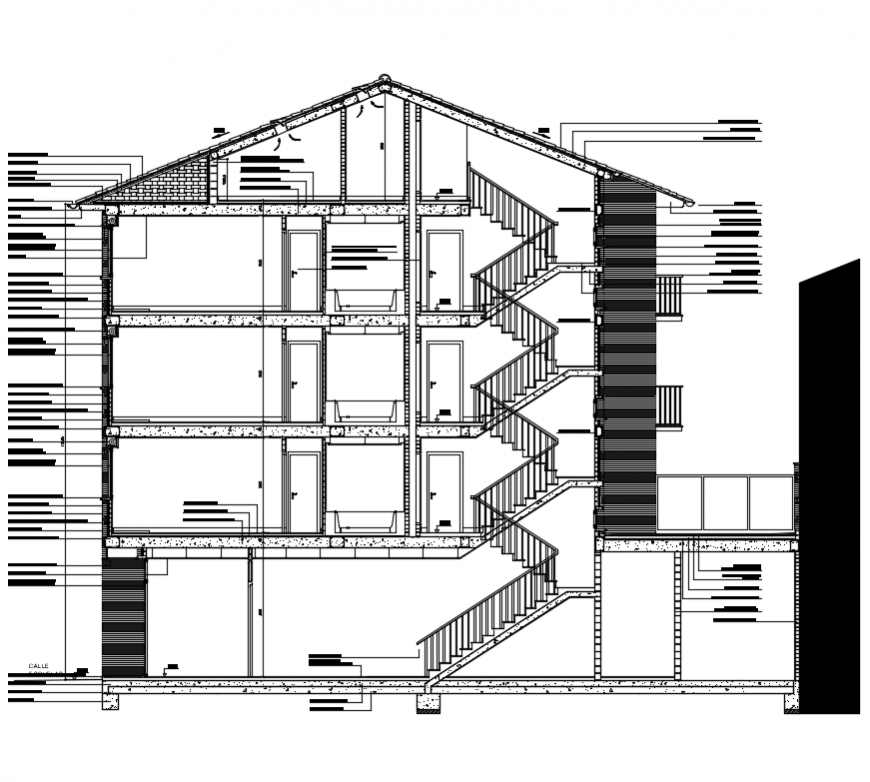 Multi-story apartment house building front sectional view details dwg file