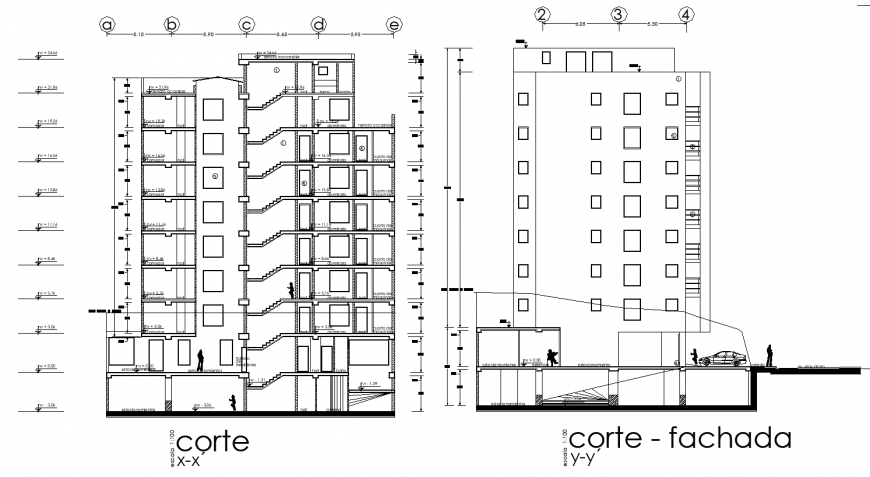 Multi-story apartment section drawing in dwg file.