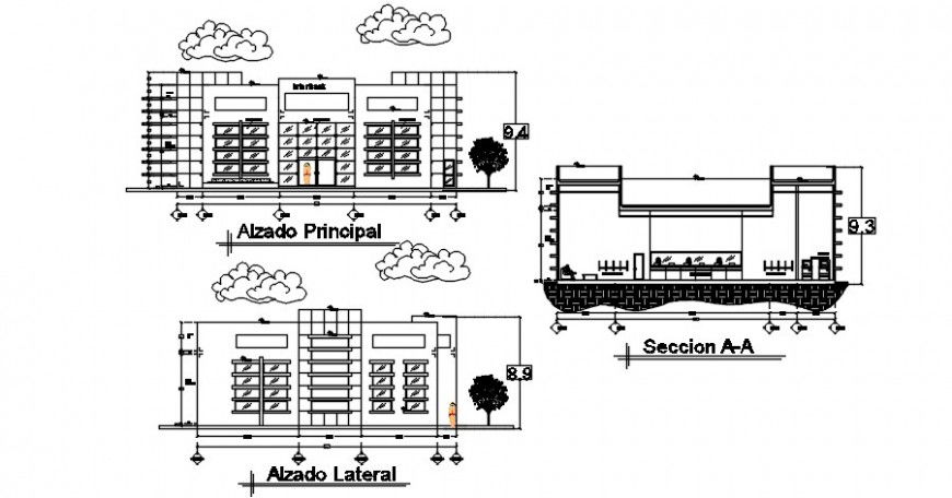 Multi-story bank building front and back elevation and main section cad drawing details dwg file
