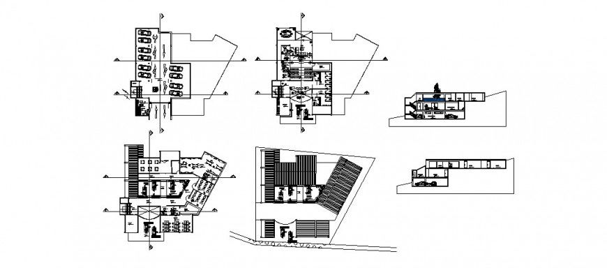 Multi-story building plan and section 2d view layout file in dwg format
