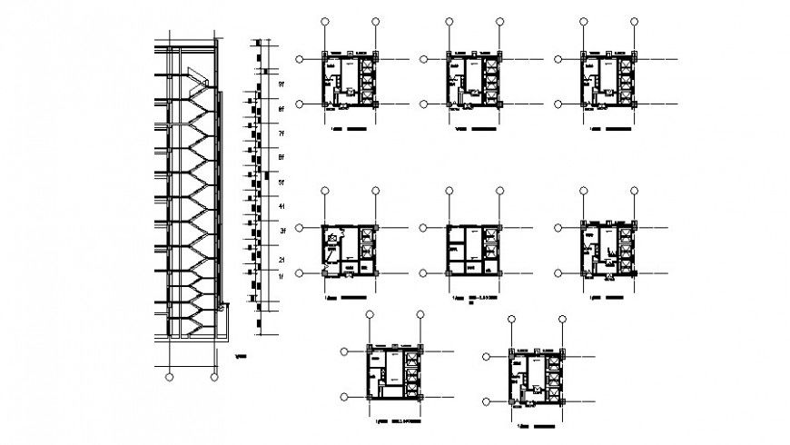 Multi-story building staircase section and constructive structure details dwg file