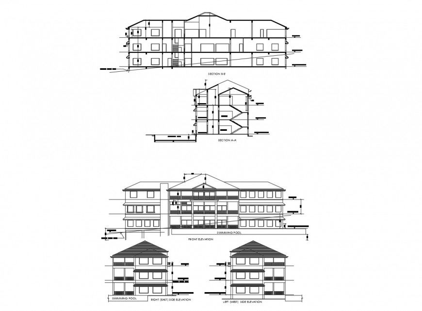 Multi-story clubhouse building elevation and sectional details dwg file