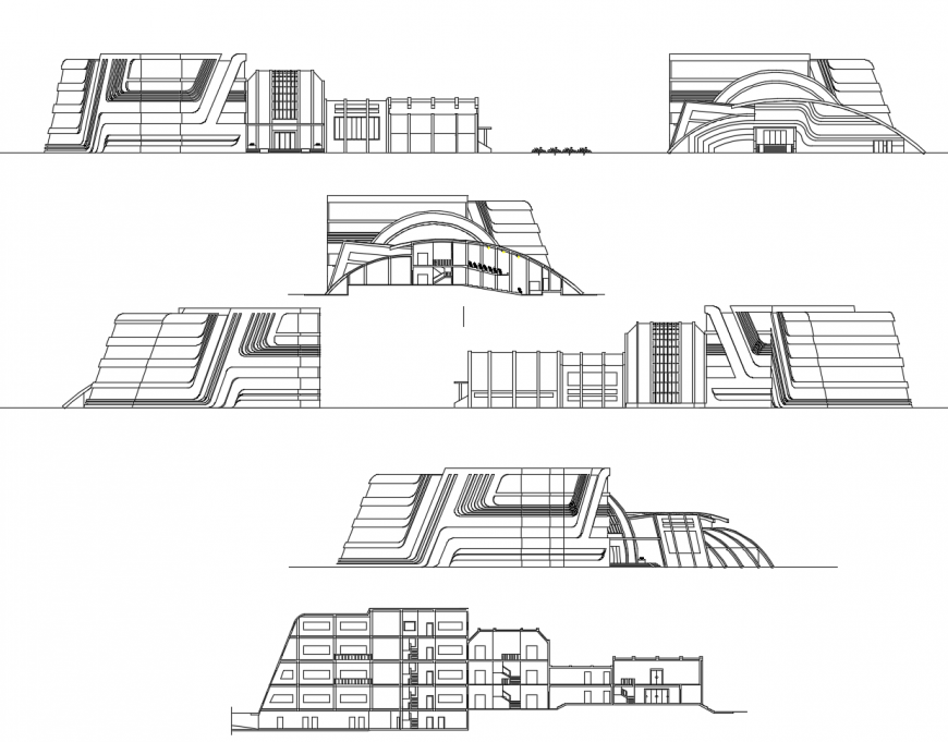Multi-story college building all sided elevation cad drawing details dwg file