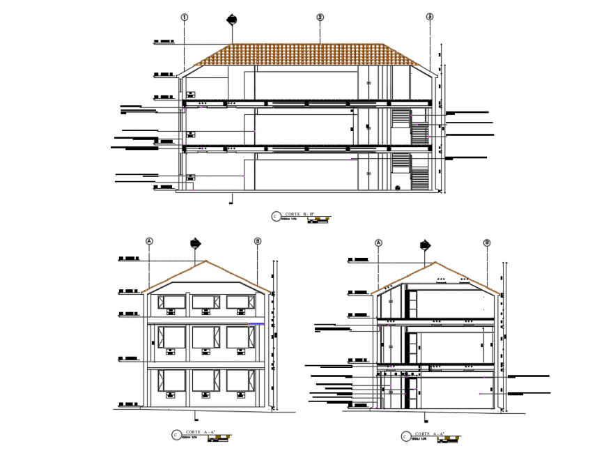 Multi-story corporate building all sided sectional details dwg file