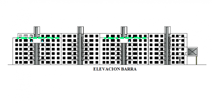Multi-story corporate building facade main elevation cad drawing details dwg file