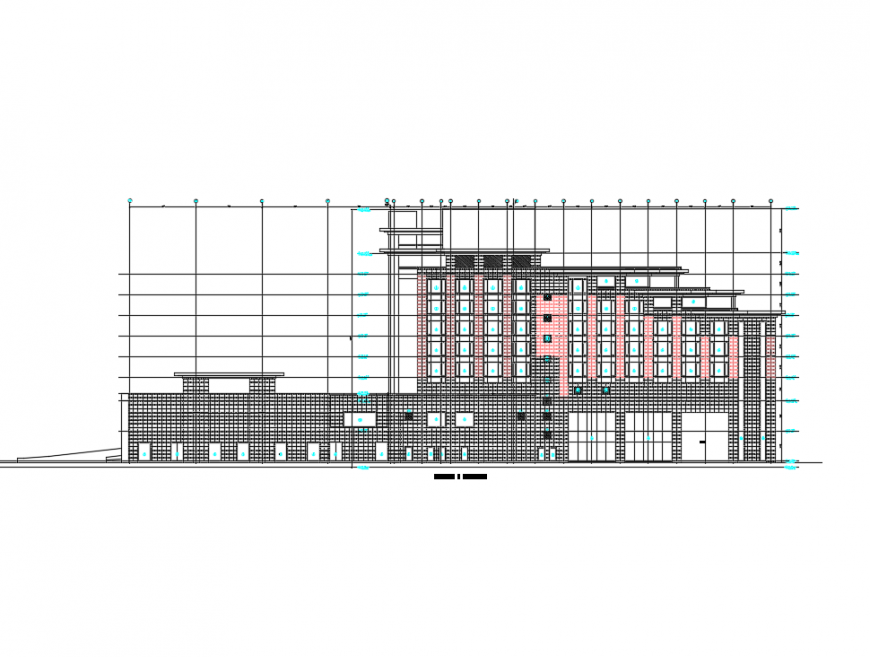 Multi-story corporate building front elevation details dwg file