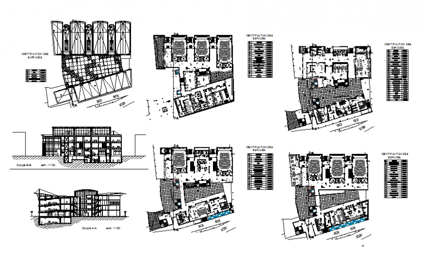 Multi-story corporate office building elevation, section and floor plan ...
