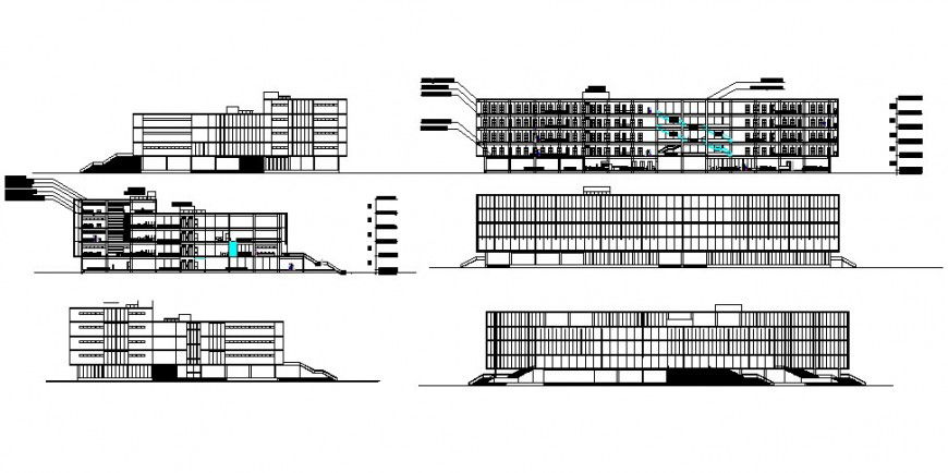 Multi-story education building all sided elevation and section cad drawing details dwg file