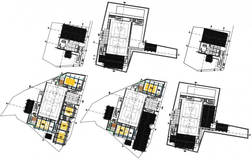 Multi-story education building distribution plan and all floor plan details dwg file
