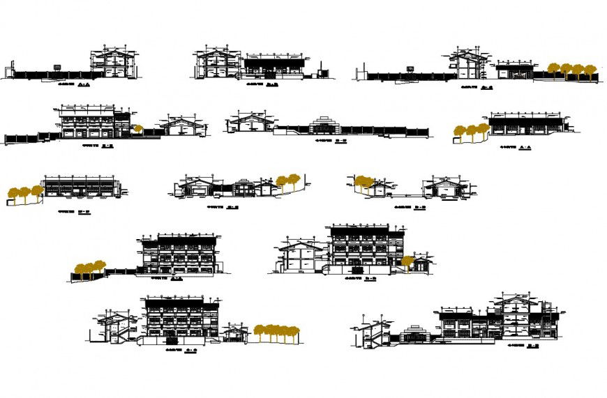 Multi-story education institution building all sided elevation and section details dwg file