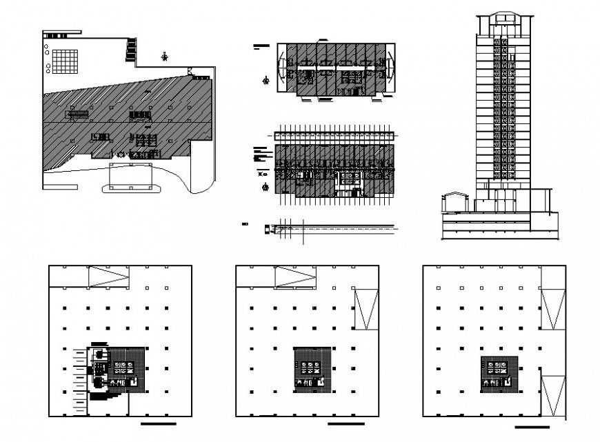 Multi-story five star hotel main elevation, air condition installation and structure details dwg file