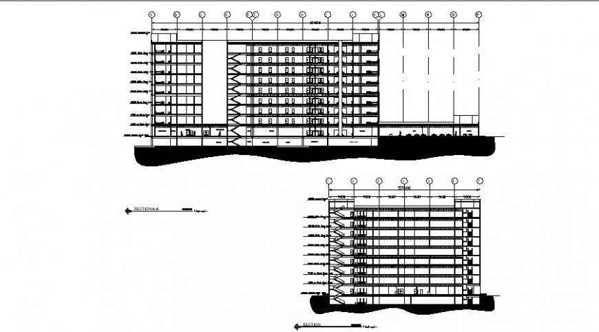 Multi-story general hospital building front and back section cad drawing details dwg file
