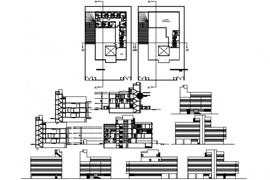 Multi-story general hospital elevation, section and floor plan cad drawing details dwg file