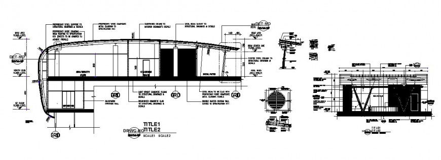 Multi-story health club building constructive section cad drawing details dwg file