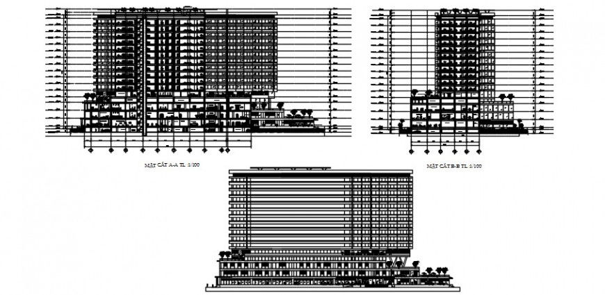 Multi-story high rise building elevation detail in autocad