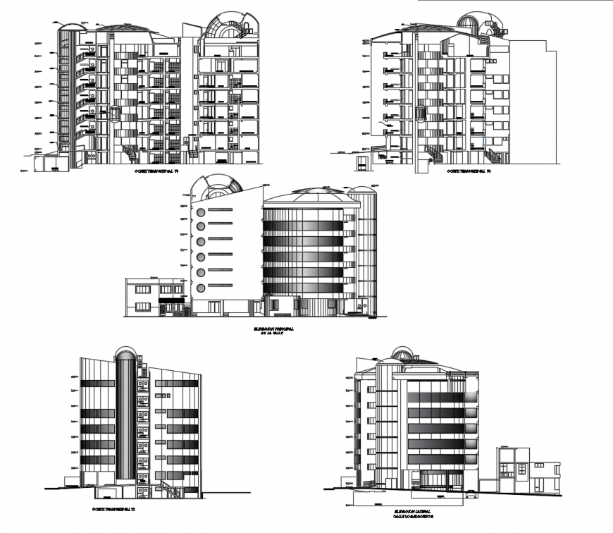 Multi-story hospital building elevation and section cad drawing details dwg file