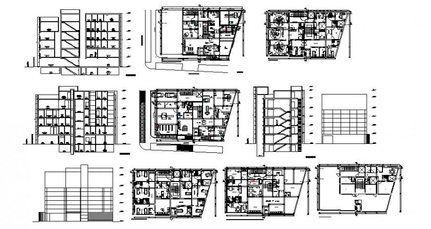 Multi-story hospital main elevation, all sided section and floor plan cad drawing details dwg file