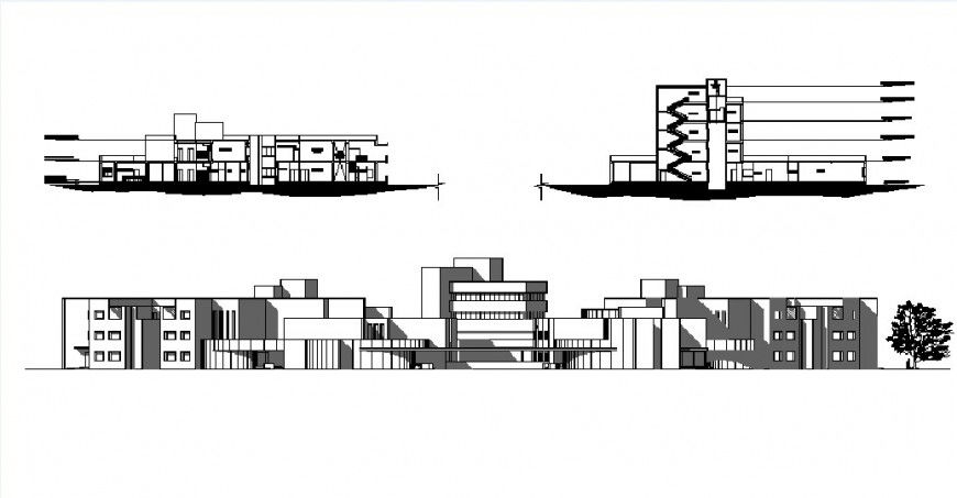 Multi-story hospital main elevation and both sided section drawing details dwg file
