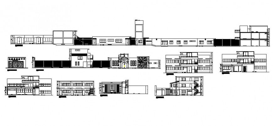 Multi-story hotel building all sided elevation and section cad drawing details dwg file