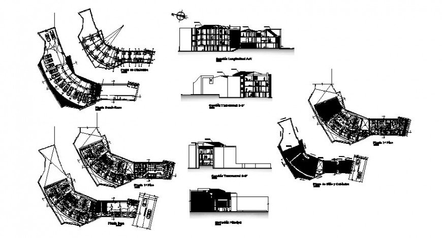 Multi-story hotel building elevation, section and floor plan ...