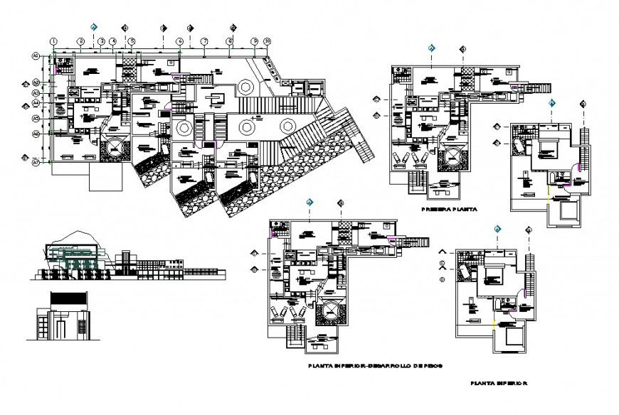Multi-story hotel building four star elevation, section and floor plan cad drawing details dwg file