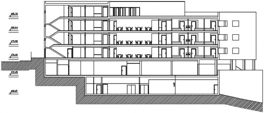 Multi-story hotel building front section cad drawing details dwg file