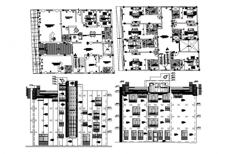 Multi-story hotel building main and back elevation and two floor plan details dwg file