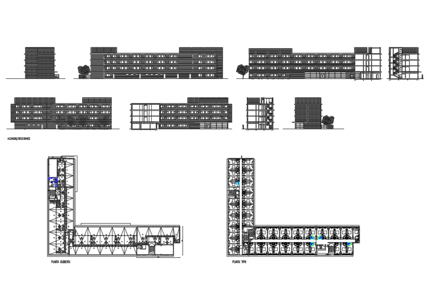 Multi-story luxuries hotel all sided elevation and section details dwg file