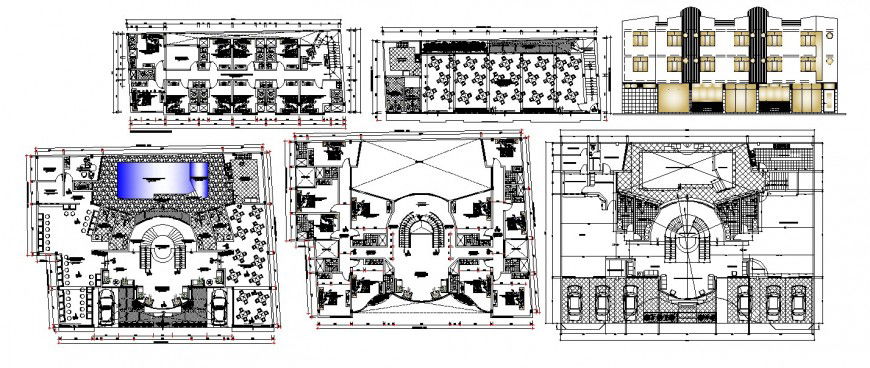 Multi-story luxurious hotel building elevation and floor plan cad drawing details dwg file
